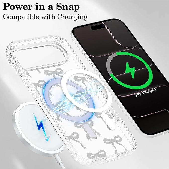 UEEBAI Magnetic for iPhone Air Case, Bow Case Compatible with MagSafe, Wireless Slim Clear Ribbon Aesthetic Phone Cover Anti-Yellowing Shockproof Protective Cover for Women Girl - Black