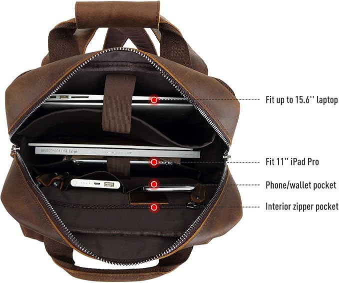Polare Cowhide Leather Multiple Laptop Backpack Day Pack Travel Bag Satchel For Men