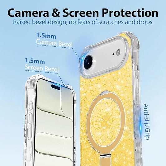 Magnetic for iPhone Air Case with Invisible Stand, Compatible with MagSafe, Clear Bling Sparkle Shockproof Slim Anti-Slip Military Drop Protection Hard Phone Case 6.5" Glitter Gold