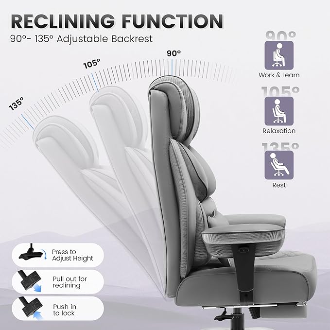 Office Desk Chair, Big and Tall Leather Gaming Chair with Footrest, Wide Ergonomic Comfy Executive High-Back Reclining Computer Chairs, Swivel Rolling Wheels and Padded Lumbar Support, Gray
