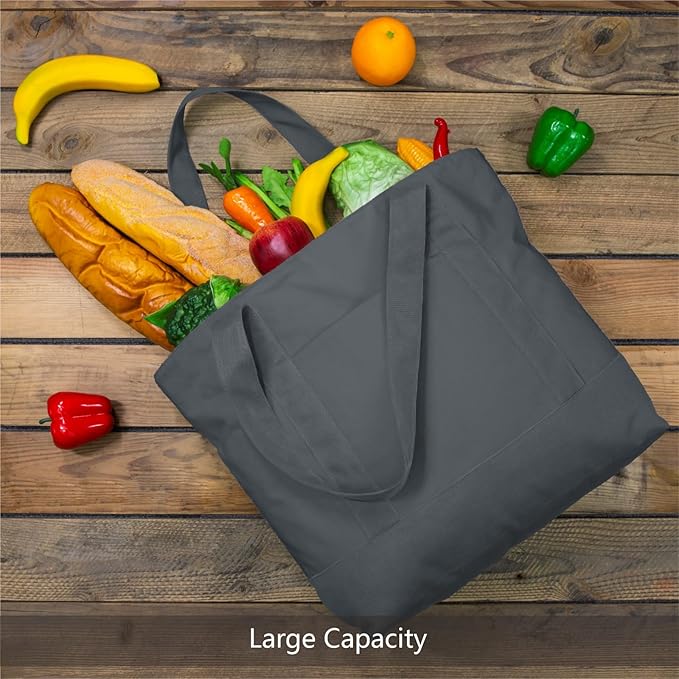 TOPDesign 1-Pack Canvas Tote Bag with an External Pocket, Reusable Grocery Shopping Bag, Top Zipper Closure, Daily Essentials (Grey)