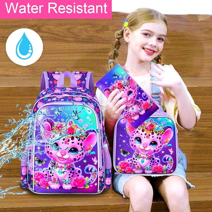 3Pcs Girls Backpack, 16" Kids Bookbag with Lunch Box，Leopard School Backpacks for Elementary Preschool Kindergarten (Purple)