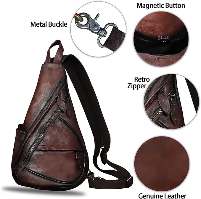 Genuine Leather Sling Bag for Men and Women - Vintage Sling Backpack Shoulder Crossbody Chest Bag for Ipad