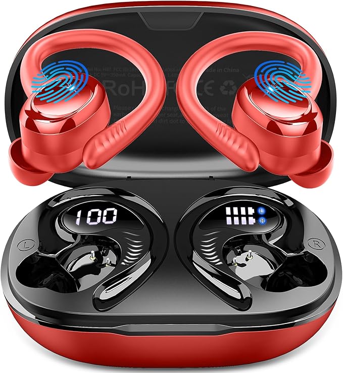 Wireless Earbuds Sport, 2025 Bluetooth 5.4 Headphones with Earhooks, 50H Stereo Deep Bass Over Ear Buds with 4 ENC Noise Canceling Mics, IP7 Waterproof Earphones for Running Workout Gym -Red