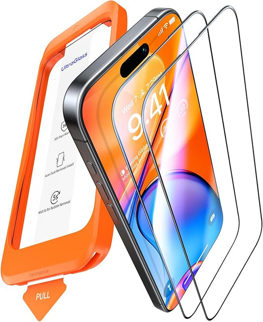 UltraGlass Unbreak Top 9H+ Glass for iPhone 15 Screen Protector (12FT Military Grade Shatterproof & Longest Durable) Screen Protector iPhone 15 Tempered Glass, Full Coverage, 2 Pack