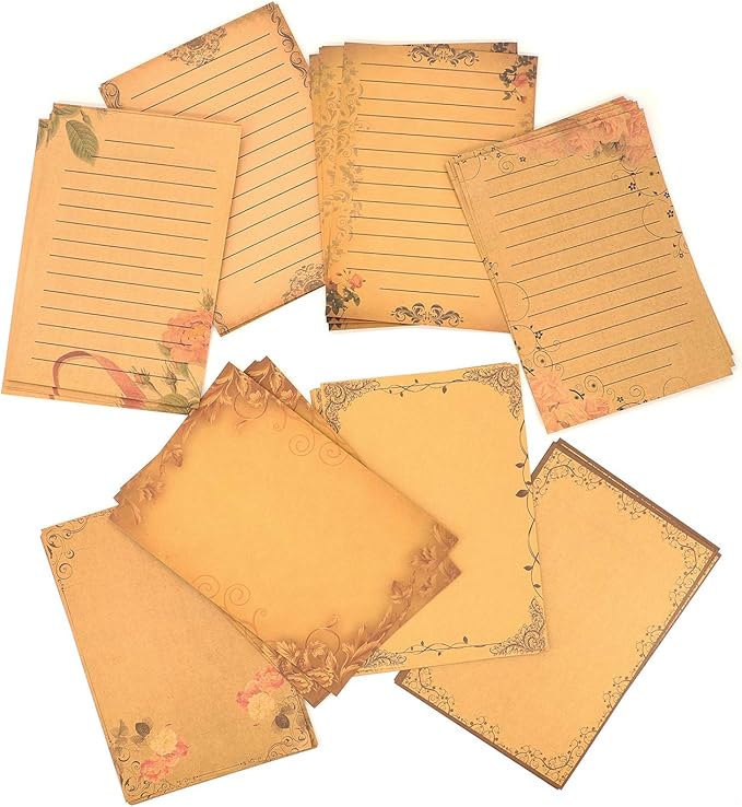 128 Sheets 8 Style Vintage Stationary Paper, 5.7 x 8.3 inch A5 Size 100gsm Kraft Floral Printed Letter Writing Stationery Bulk Set for Personalized Letters, Creative Poems, Lyrics, Notes, etc.