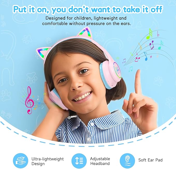 LOBKIN Kids Bluetooth Headphones,Over Ear Kids Headphones Wireless with Mic 50H Playtime Colorful LED Lights AUX Cord 94dB Safe Volume Limited Foldable Design for Boy Girl Travel/School/iPad