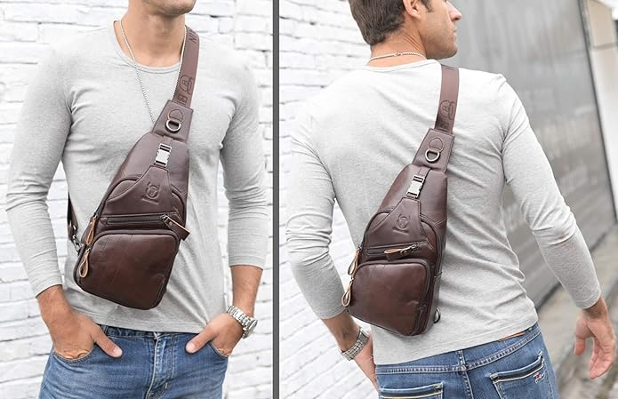 BULLCAPTAIN Leather Men Sling Bag Casual Crossbody Chest Bags Travel Daypack