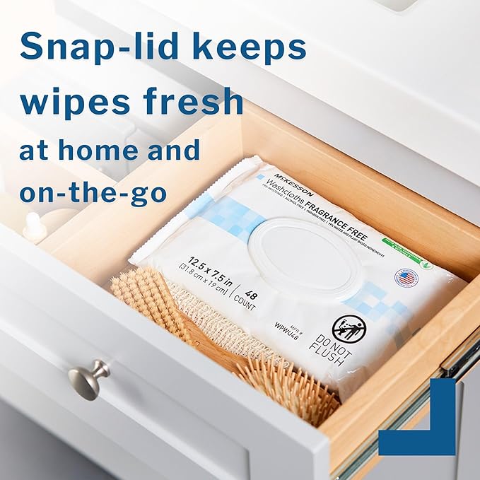 McKesson Washcloth Wipes for Adults, Unscented (3 Pack, 144 Washcloths) Disposable Wash Cloths for Body - Fragrance-Free No-Rinse Formula - Good for Incontinence and Elderly - 48 Wipes Per Pack
