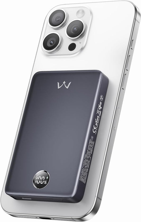 iWALK Magnetic Portable Charger, Qi2 Certified 15W Magnetic Power Bank with LED Display, 30W PD Fast Charging, 10,000mAh Battery Pack, Ergonomic Design, for iPhone 17/16/15/14/13/12 Series Gray