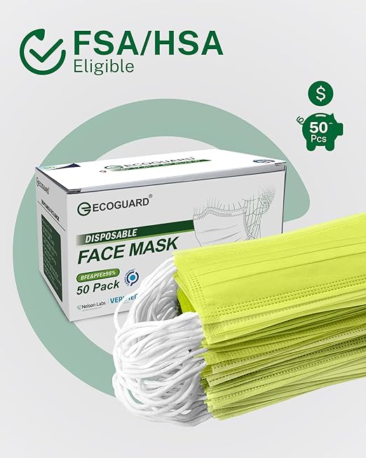 Disposable Face Masks Made in USA, 4 Ply for Families, Students, Breathable All-Day Wear & Safety, FSA HSA Eligible, ASTM Level 3 Medical Grade, 50 Pack, Green