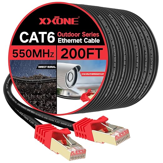 XXONE 200ft Cat6 Ethernet Cable - 26AWG Heavy-Duty, Waterproof & Direct Burial, Outdoor LAN Cable - Compatible with Network Adapters, Hubs, Switches, Routers (RJ45 Connector)