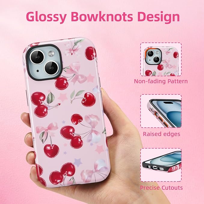QLTYPRI Case for iPhone 16e, Aesthetic Cute Pink Cherry Bow Phone Case for Girls Women, Protective Hybrid 2-Layer Hard Shell Silicone Cover Durable Shockproof Phone Cover - Pink