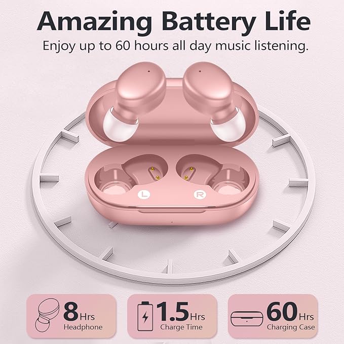 MOZOTER S8 Mini Wireless Earbuds Bluetooth 5.3 in Ear Light-Weight Headphones,60Hrs Playtime Ear Buds with Charging Case,Bluetooth Headsets,Premium Sound with Deep Bass for Sport-Pink