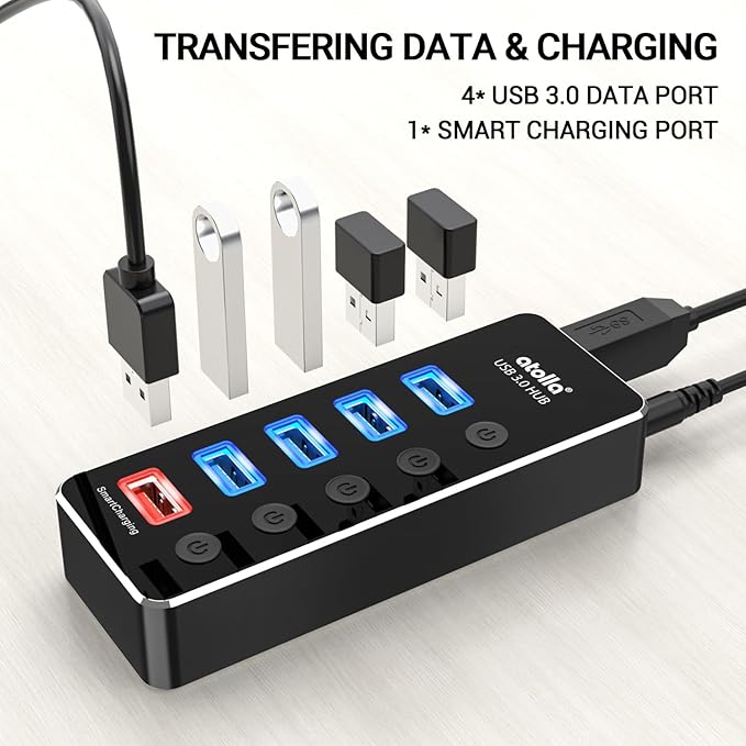 Powered USB Hub, atolla Aluminum 5-Port USB 3.0 Hub with 4 USB 3.0 Data Ports and 1 USB Smart Charging Port, USB Splitter with 5V/3A Power Adapter and Individual Switches