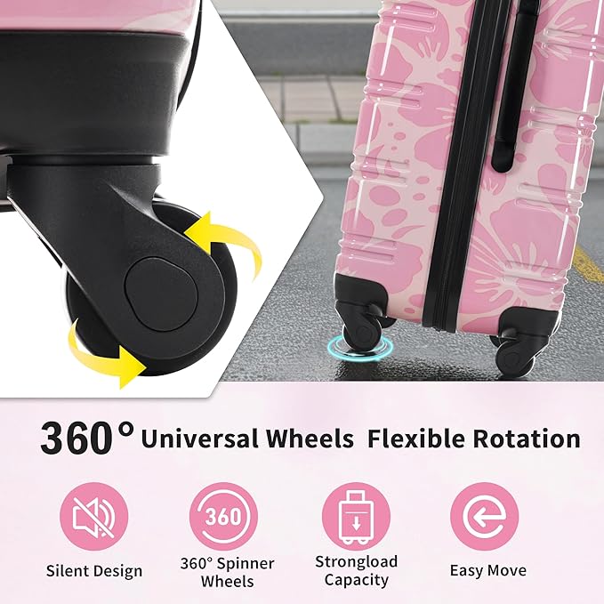 Merax Luggage Sets 3 Piece, Hardside Suitcase Set with Spinner Wheels, Lightweight Printing Luggage Carry on,20+24+28 IN,Pink