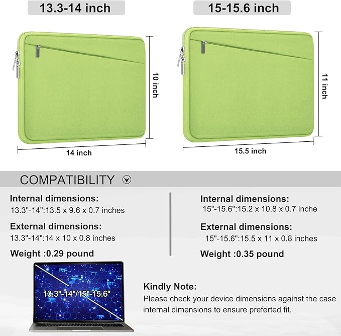 Laptop Case 15.6 inch, Slim Computer Carrying Bag Protective Cover Briefcase with Front Pocket, Durable Laptop Cover for 15-16 Inch HP, Dell, Lenovo, Asus, Notebook, Light Green