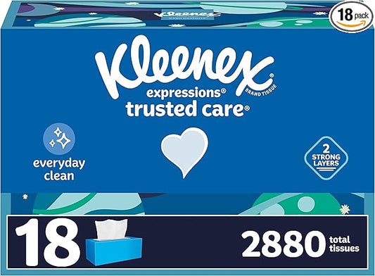 Kleenex Expressions Trusted Care Facial Tissues, 18 Flat Boxes, 160 Tissues per Box, 2-Ply (2,880 Total Tissues), Packaging May Vary