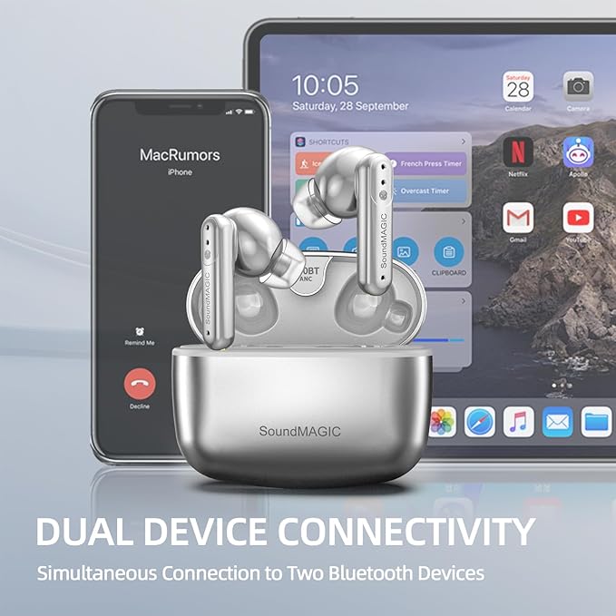 SoundMAGIC T80BT ANC True Wireless Earbuds with Hi-Res Audio,Hibrid Active Noise Cancelling, ENC Call Clarity, 20H Playtime, IPX5 Waterproof, Ultra-Comfy Fit for Sports/Work/Gaming (Silver)