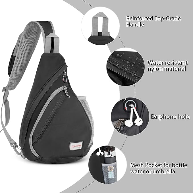 ZOMAKE Sling Bag,Small Crossbody Sling Backpack,Water Resistant Shoulder Daypack for Travel,Anti Thief Chest Bag for Hiking(Black)