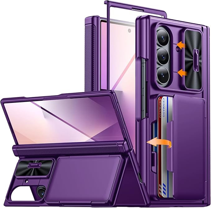 CENMASO for Samsung Galaxy Z Fold 7 Case with Card Holder [RFID Blocking] Camera Cover, Hinge Protection, Hidden Kickstand, Screen Protector, Slim Shockproof Phone Case for Galaxy Z Fold 7-Purple