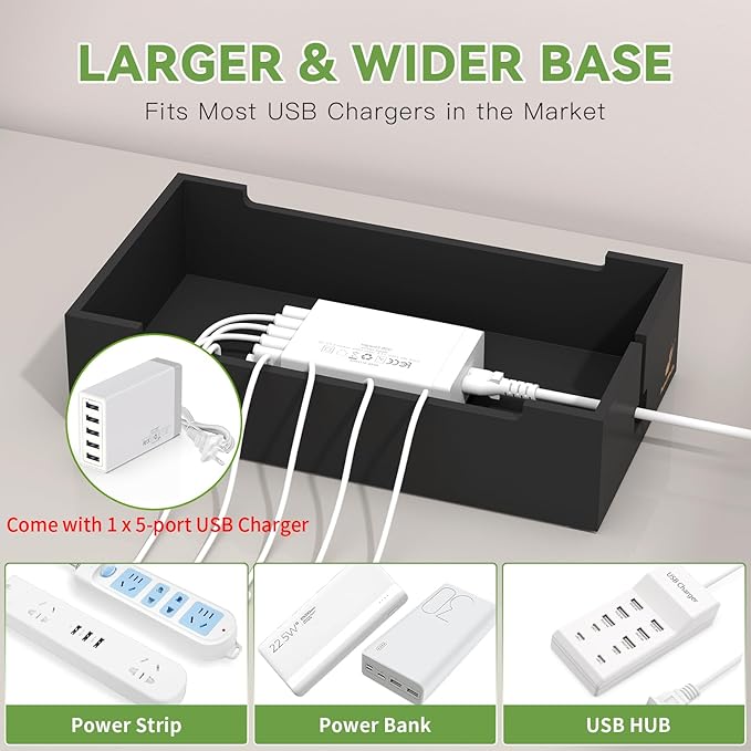 Pezin & Hulin Cable Management Box, Docking Station for Multi Devices, with 5 Ports Charge Adapter and 6 Cables, Wire Organizer for Cords, Box to Hide Cords and Storage Power Strip -Natural + Black