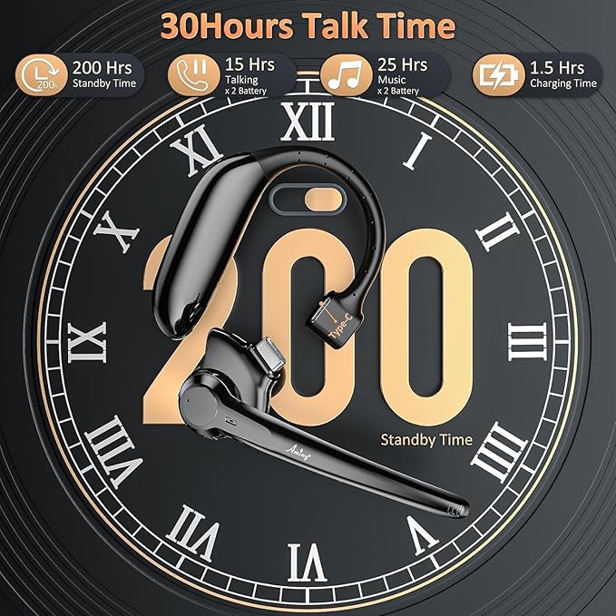 Wireless Bluetooth Headset with Microphone 30 Hrs Talking Time V5.3 Auriculares Bluetooth Earpiece,AI Noise Cancelling Bluetooth Earphones for Trucker Office Home