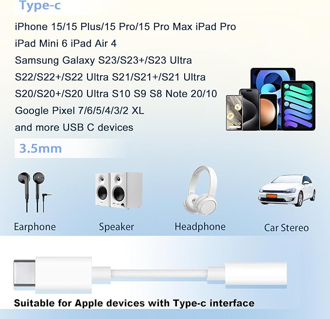 USB-C to 3.5 mm Headphone Jack Adapter,USB C to Aux Audio Dongle Cable Cord Compatible with iPhone 15 16 Series, iPad Pro, Galaxy S23/S22 Ultra Headphone Adapter (White, 20 Pack)