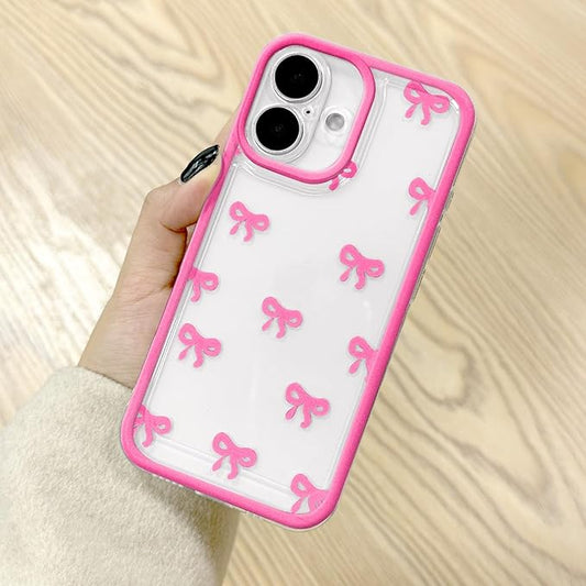 EYZUTAK Case for iPhone 16 Plus, Clear Cute Ribbon Bowknot Pattern Aesthetic Transparent Phone Case Raised Camera Protection Stylish Slim Soft Durable TPU Protective Cover for Women Girls - Rose Red