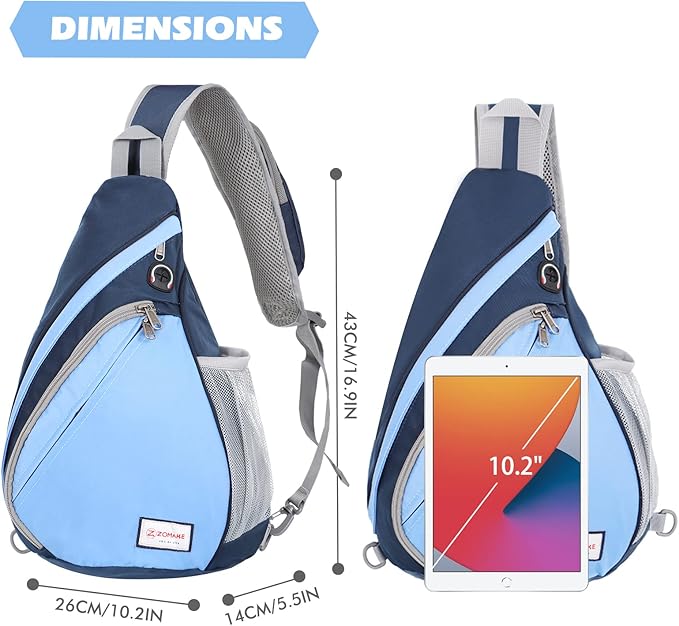 ZOMAKE Sling Bag,Small Crossbody Sling Backpack,Water Resistant Shoulder Daypack for Travel,Anti Thief Chest Bag for Hiking(Navy Blue,Azure)