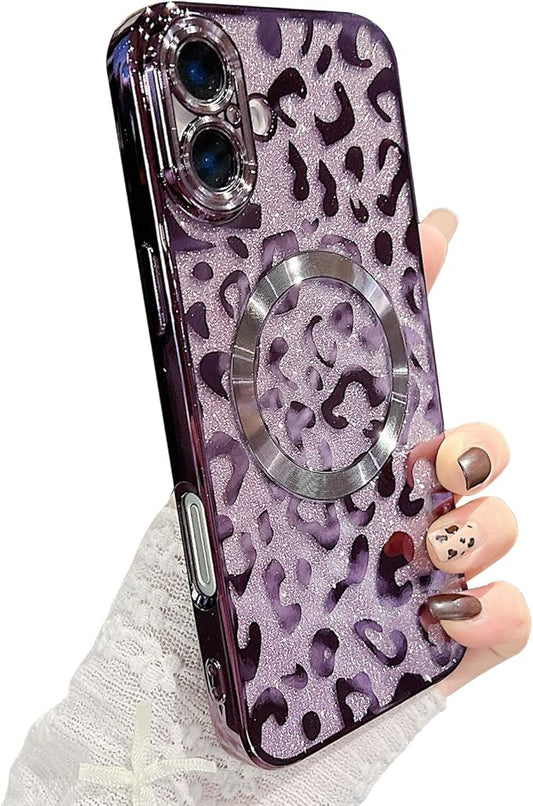 for iPhone 16 Plus Case Magnetic,Soft Cute Luxury Leopard Cheetah Pattern Plating Glitter Bling Phone Case Compatible with MagSafe Clear Shockproof Back Cover for Women Girl 6.7"-Purple
