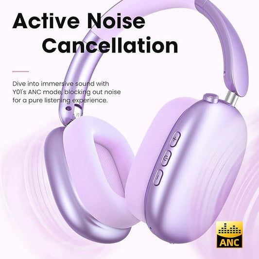 Y01 Wireless Over Ear Headphones, Noise Canceling Bluetooth 5.3 Headphones with Microphones,Hi-Res Audio,48H Playtime,Foldable,Breathable Soft Earpads for iOS/Android/Samsung/PC-Purple