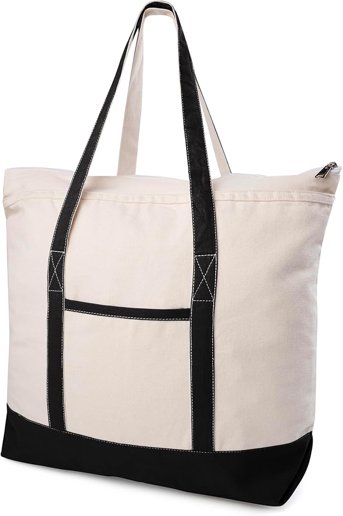 Cotton Canvas Tote Bag with an External Pocket & Top-Zipper Closure For - Gym, Beach, DIY, Work, Travel, Shopping