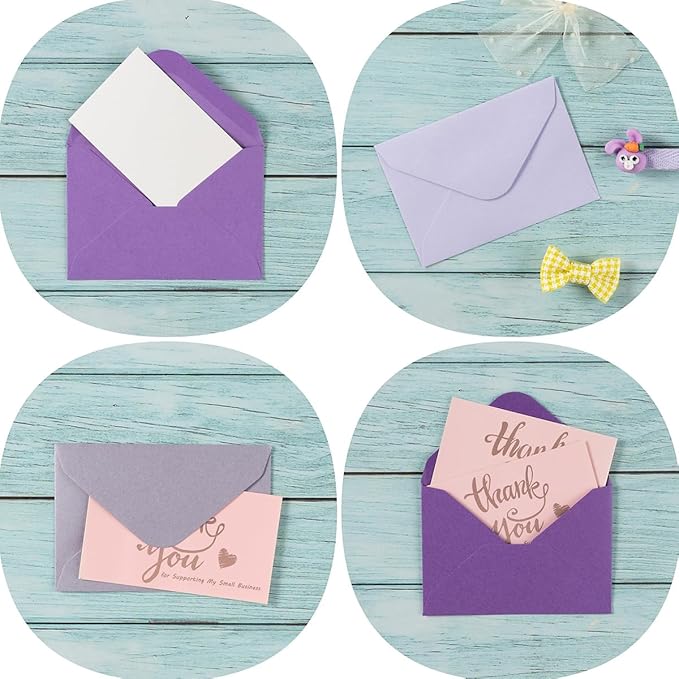 100 Pack Mini Envelopes with Note Cards in 5 Colors for Wedding, Birthday, Baby Showers, 4 x 2.7 Inches (Purple)