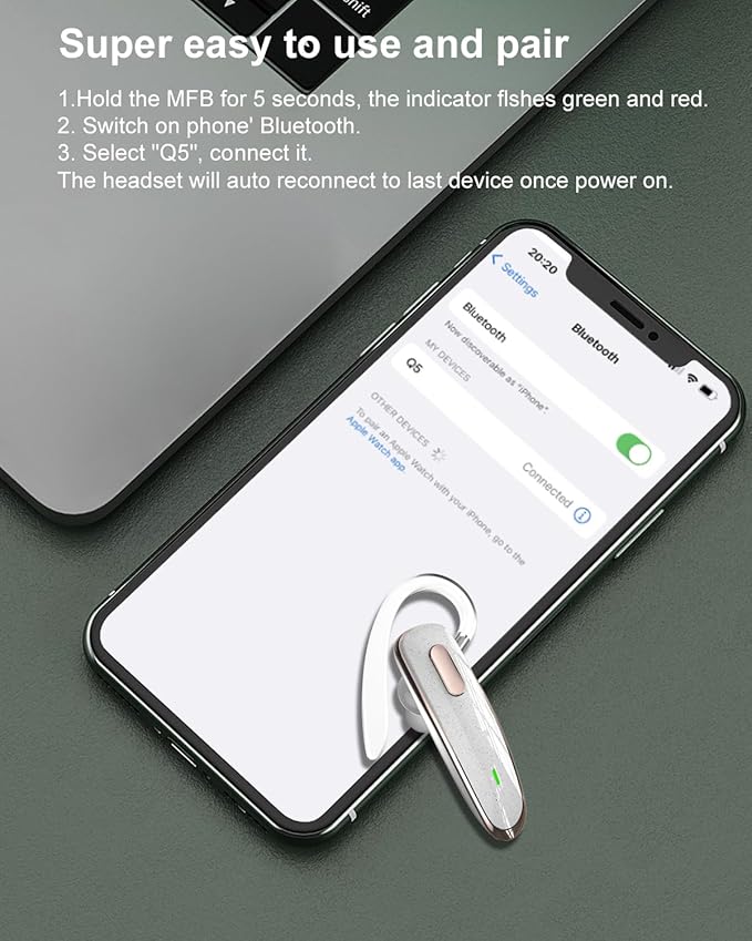 Bluetooth Headset, V5.1 Ultralight Wireless Handsfree Earpiece Cell Phone with Noise Cancellation Microphone for iOS Android Trucker Driver- White