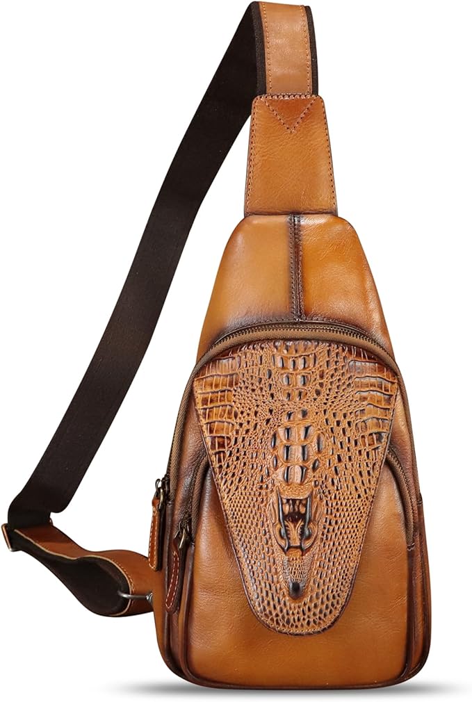 Genuine Leather Sling Bag Embossed Crocodile Pattern Leather Crossbody Sling Backpack Handmade Chest Purse Daypack (Brown)