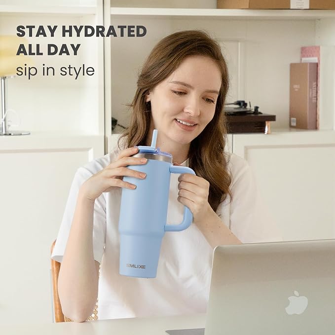 30 oz Tumbler with Handle, Tumbler with Lid and Straw, Double Wall Vacuum Insulated Travel Mug Stainless Steel Tumbler for Hot and Cold, Cupholder Friendly (Blue)