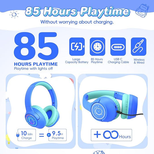 Kids Bluetooth Headphones, 85H Playtime Wireless Headphones for Kids, Colorful LED Lights, 85/94dB Safe Volume Limit, Bluetooth 5.4 Built-in Mic Toddler Headset for Tablet/Airplane/Travel (Blue)