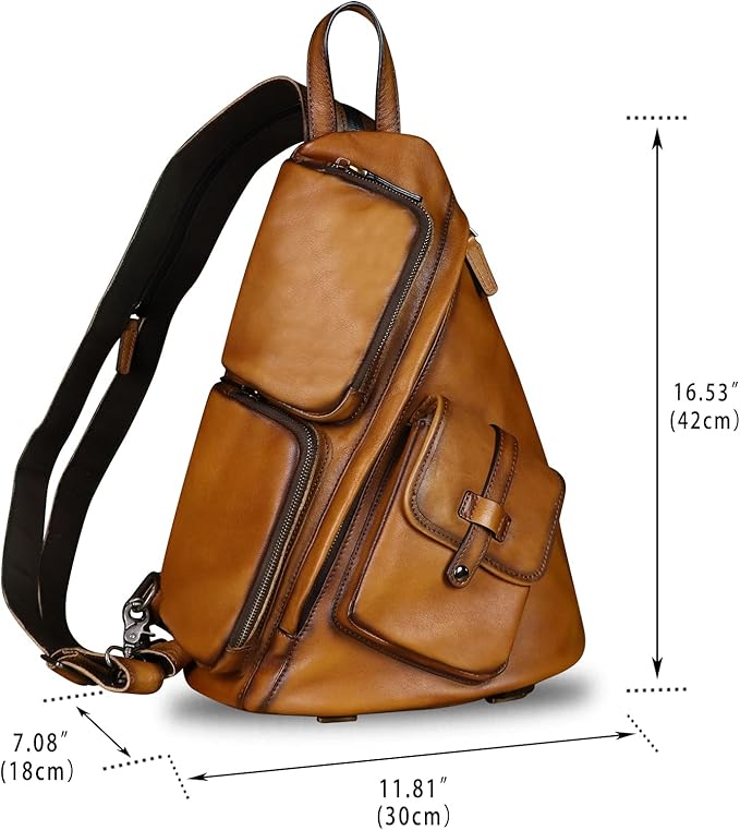 Genuine Leather Large Sling Bag for Men and Women Large Sling Backpack Purse Shoulder Crossbody Chest Bag for Ipad (Brown)