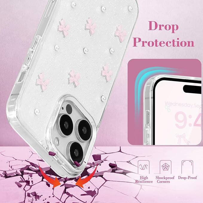 EYZUTAK Case for iPhone 14 Pro, Bling Glitter 3D Bowknot Phone Case Cute Sparkly Crystal Clear Bow Aesthetic Design Case Slim Soft Durable TPU Transparent Protective Cover for Women Girl - Pink Bow