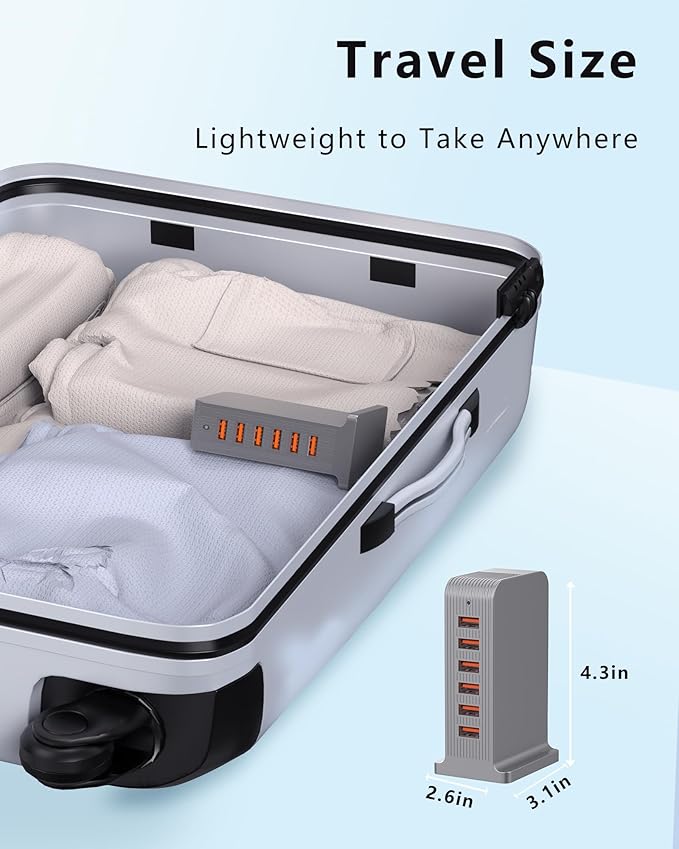 VPSUN USB Charger 6 Port 50W Multi USB Tower Charging Station for Multiple Devices iPhone 15/14/14 Pro/14 Pro Max/13 Pro/13 Pro Max/Android/Samsung/Tablet,etc (Gray, 50W)