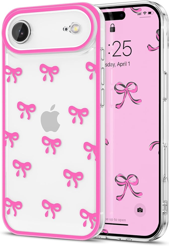 EYZUTAK Case for iPhone Air, Clear Cute Ribbon Bowknot Pattern Aesthetic Transparent Phone Case Raised Camera Protection Stylish Slim Soft Durable TPU Protective Cover for Women Girls - Rose Red