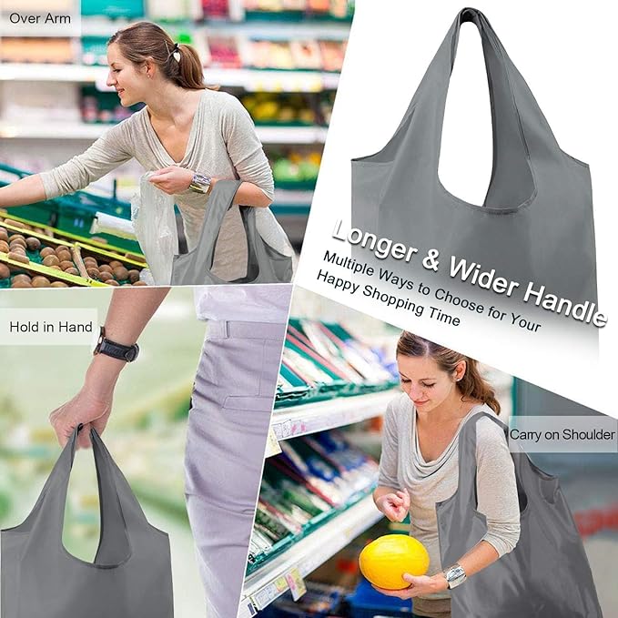 BeeGreen Grey Reusable Shopping Bags for Groceries 10 Pack Reusable Grocery Bags Washable 50LBS folding with Zipper Carry Pouch Tote Gift Bags Durable Polyester