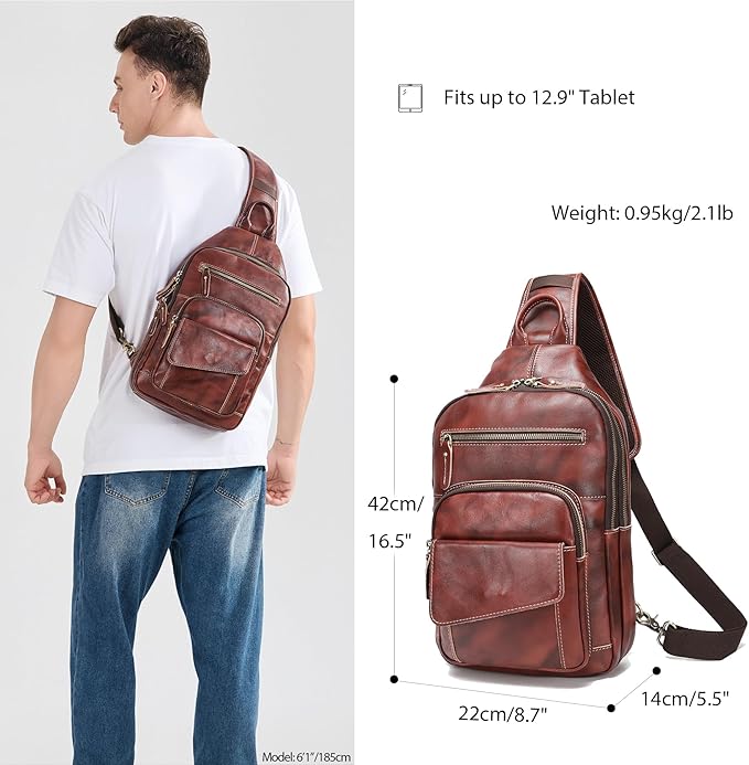LANNSYNE Full Grain Leather Casual Sling Bag For Men Hiking/Travel/Business Crossbody Chest Bag Fits 12.9" iPad
