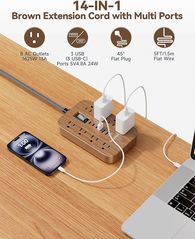 Walnut Extension Cord with Multi Ports - 5 FT Flat Braided Power Strip, 1625W Tan Extension Cord with 6 AC Outlet 3 USB, Compact for Brown Tan Wood Walnut Grain Distinctive Vintage Desk Accessories