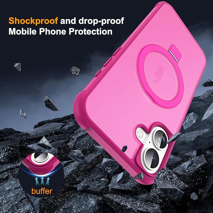 Compatible with iPhone 16 Case with Invisible Magnetic O-Ring Stand Military-Grade Translucent Case for iPhone 16 6.1" [Compatible with Mag-Safe][Great Grip Feeling], Rose