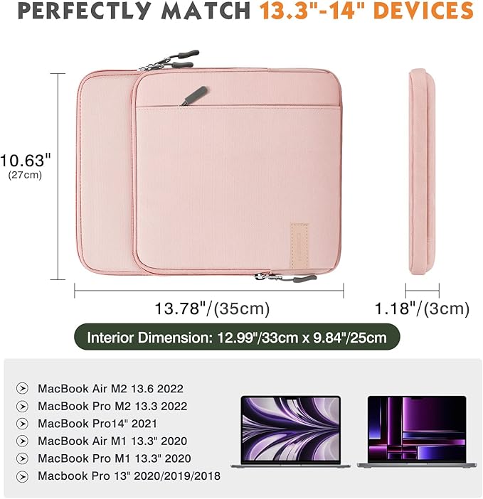 MoKo Laptop Sleeve Bag for 13.3-14 Inch, Notebook Carrying Case with Pocket Fits New MacBook Pro M3/M2 14" /13" M2/M1 Pro/M1 Max 14.2 2023-2021/Air 13.6" M2 2022, Surface Pro 9/8 13", Pink