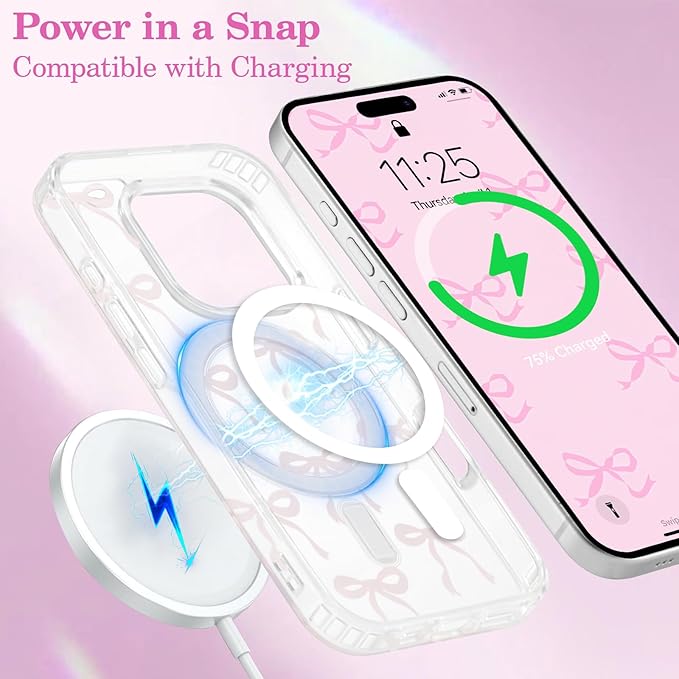 UEEBAI Magnetic for iPhone 13 Pro Case, Bow Case Compatible with MagSafe, Wireless Slim Clear Ribbon Aesthetic Phone Cover Anti-Yellowing Shockproof Protective Cover for Women Girl - Pink