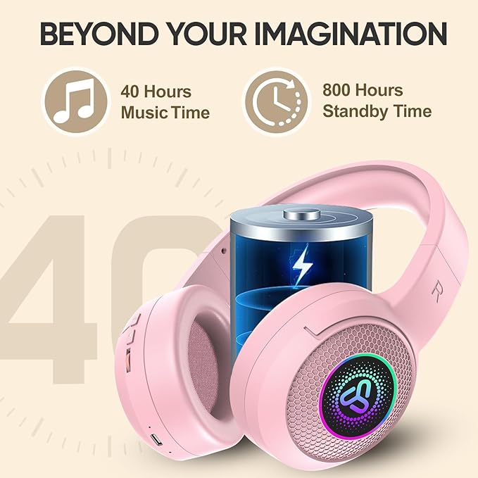SDLOGAL Wireless Over Ear Headphones, Personalized Music & Game Audio, Wireless BT5.4 Headphones with Microphone, Up to 40 Hours Battery Life, Foldable & Lightweight - Pink