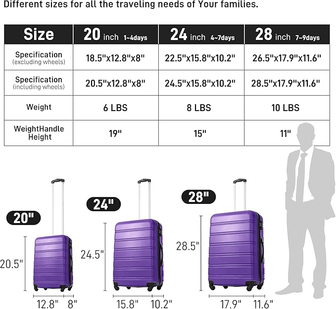 Merax Luggage Sets of 3 Piece Carry on Suitcase Airline Approved, 20/24/28 IN Hard Case Expandable Spinner Wheels (Purple)